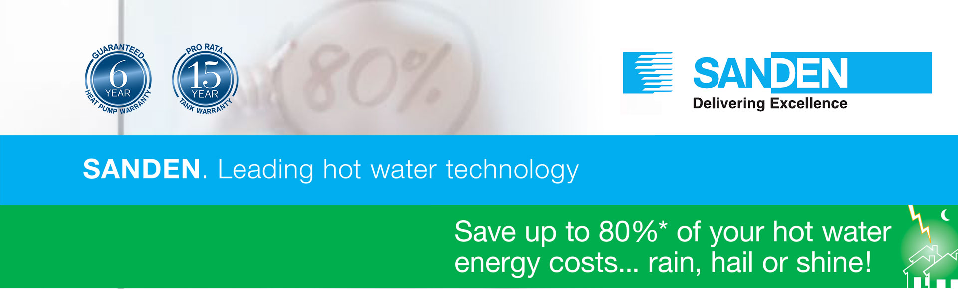 SANDEN product banner fogged-up shower glass with "78%" written in the condensation: "Save up to 78% of your hot water energy costs... rain, hail or shine!"