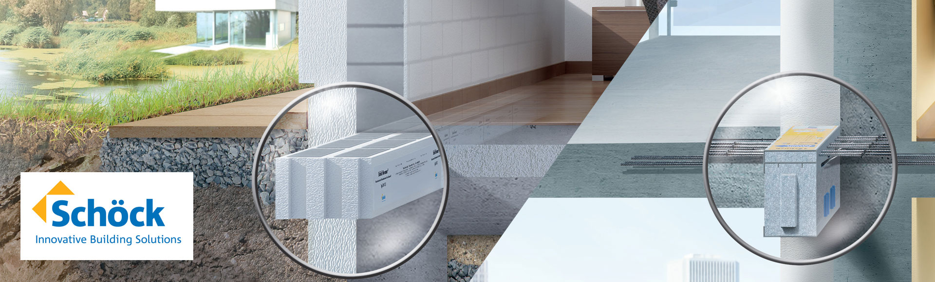 Schöck product banner 3D cross-sectional model of Schöck Novomur and Isokorb units installed in a residential building