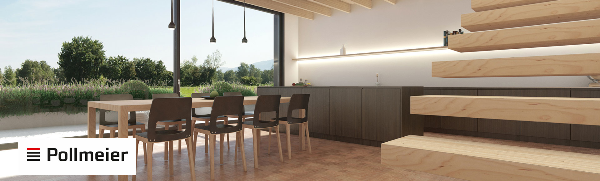 Pollmeier product banner stunning living room setting featuring Pollmeier BauBuche timber products