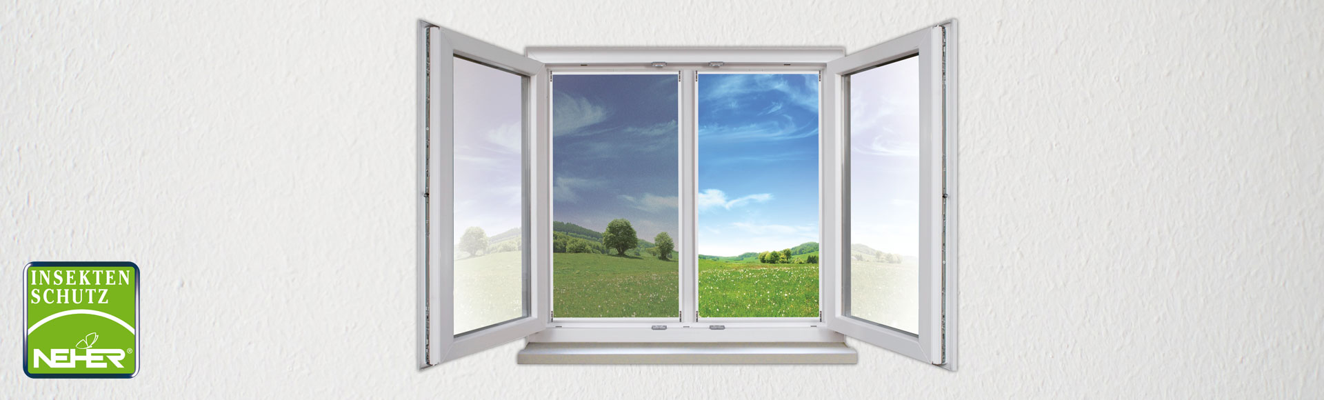 NEHER product banner a window situated in a white wall with two shutters. One side of the window is completely open, the other contains a NEHER flyscreen. It is difficult to tell the difference